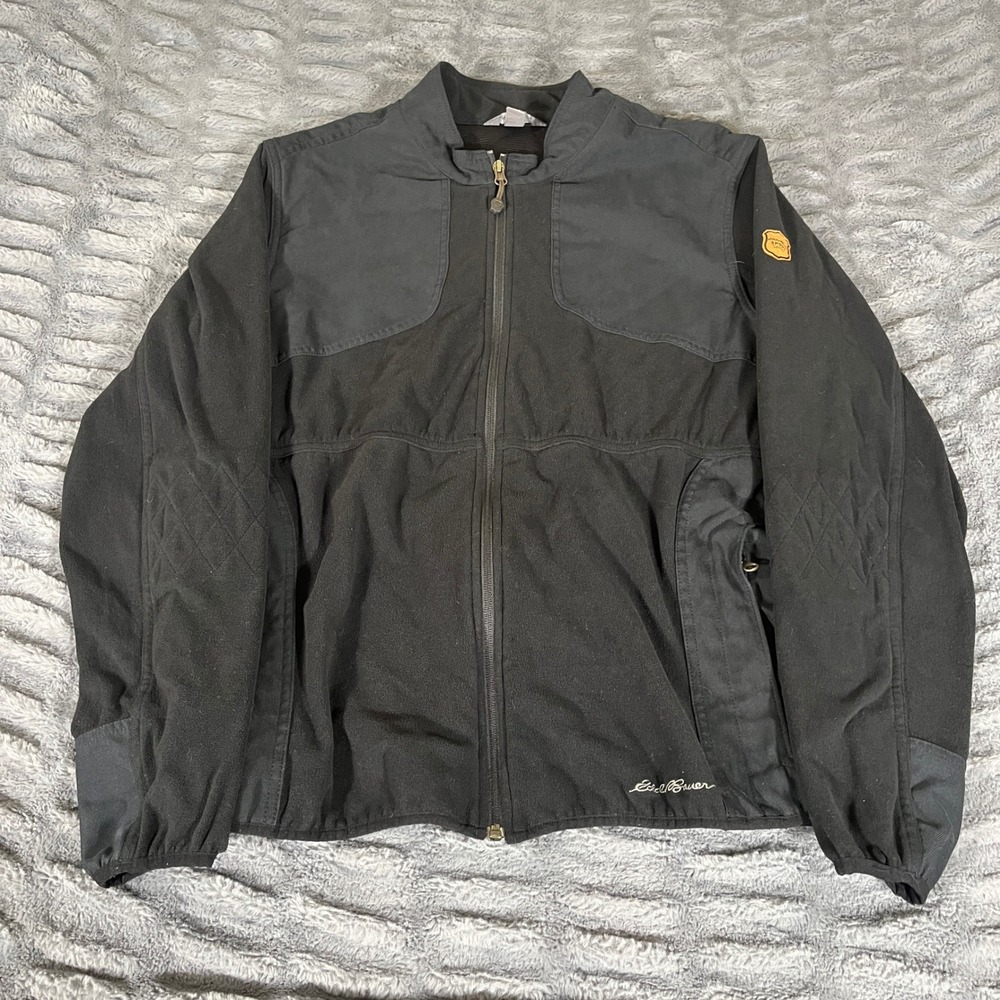 Eddie Bauer Mens Black Full‎ Zip Fleece Jacket Reinforced Shoulder Elbow Large